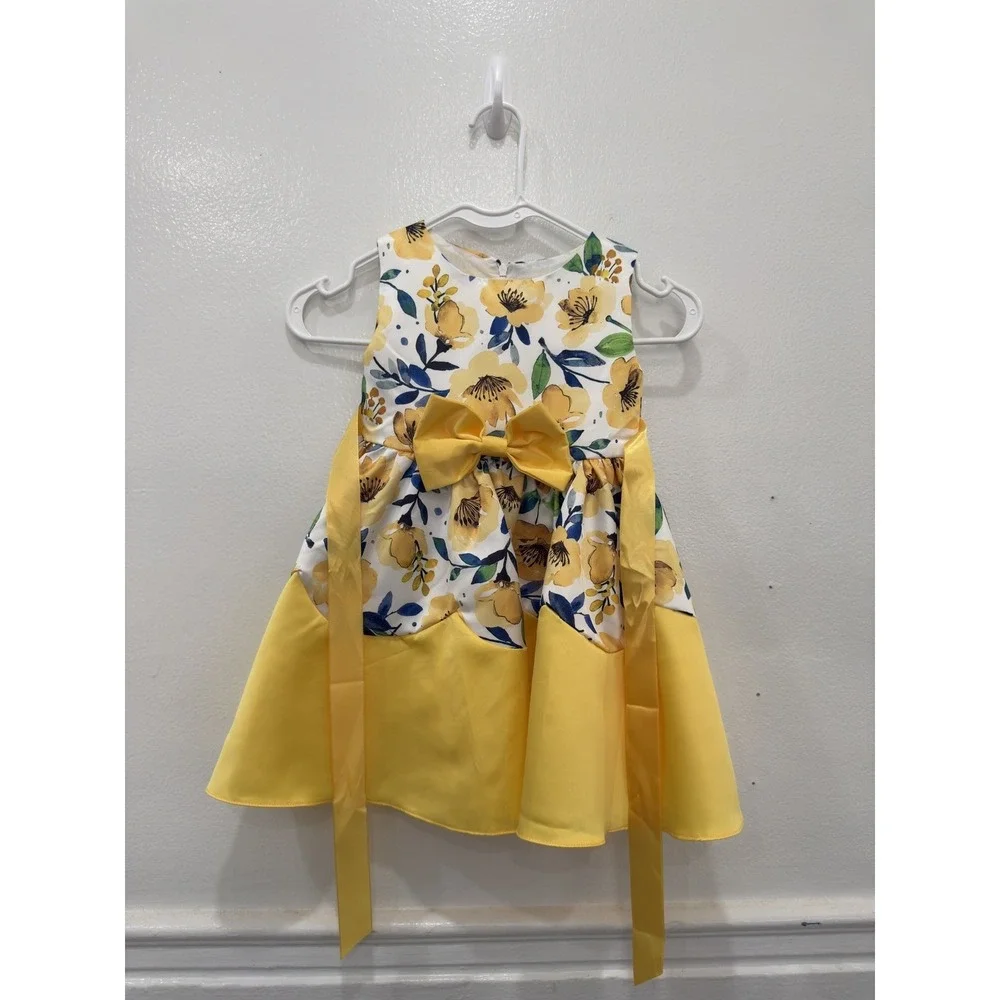 Girls‎ Yellow Floral Party Dress Sleeveless Bow Tie Back Special Occasion Dress